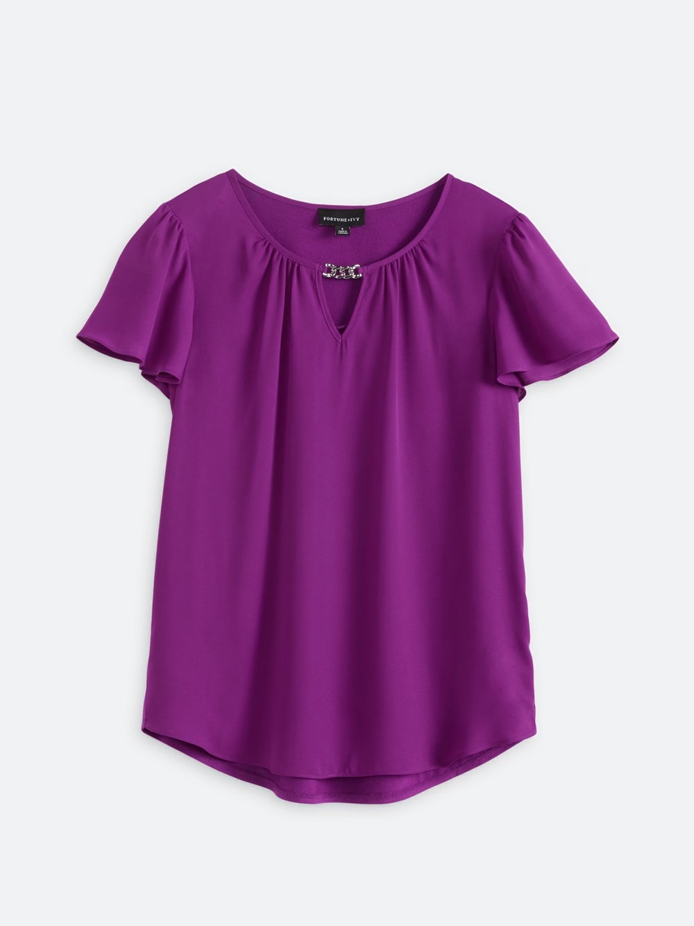 Fortune + Ivy Vibrant Purple Keyhole Blouse with Rhinestone Accent
